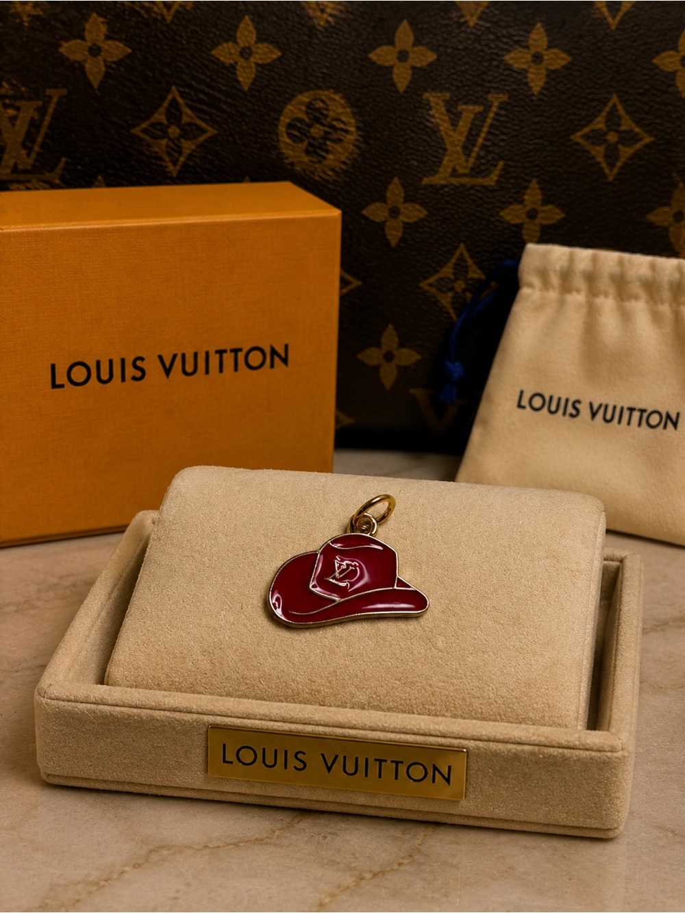 Luxury LV stamped Red Enamel Hat Charm with Gold Hardware